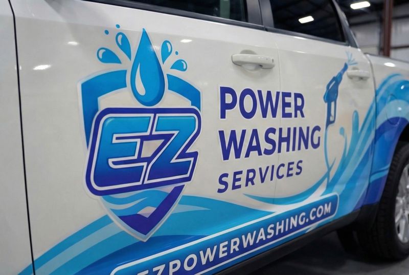 Concept mockup close-up: rear door of a white SUV showing a blue "EZ" shield logo with a water drop, "Power Washing Services" in navy, a spray-wand graphic, and blue wave shapes.