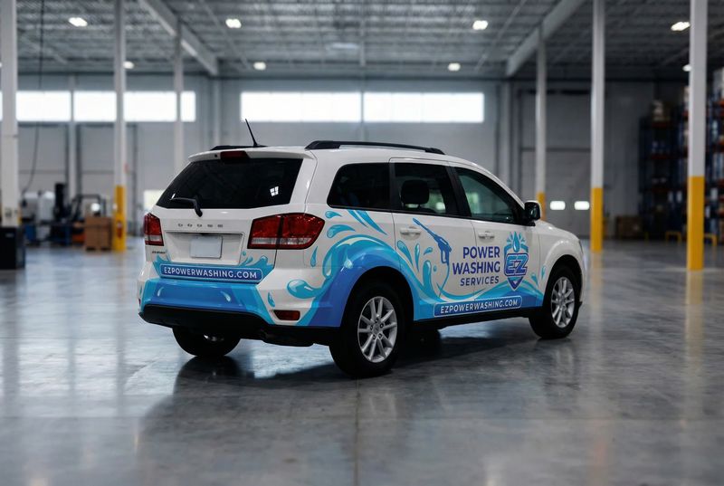 Concept mockup: white Dodge Journey SUV, rear three-quarter view, with the blue splash graphics wrapping onto the rear bumper and a website strip under the tail lights.