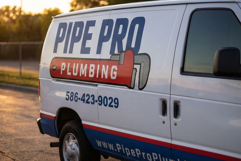Concept mockup close-up: side of a white van showing navy "Pipe Pro" lettering over a red "Plumbing" banner shaped like a pipe wrench, with the phone number below.