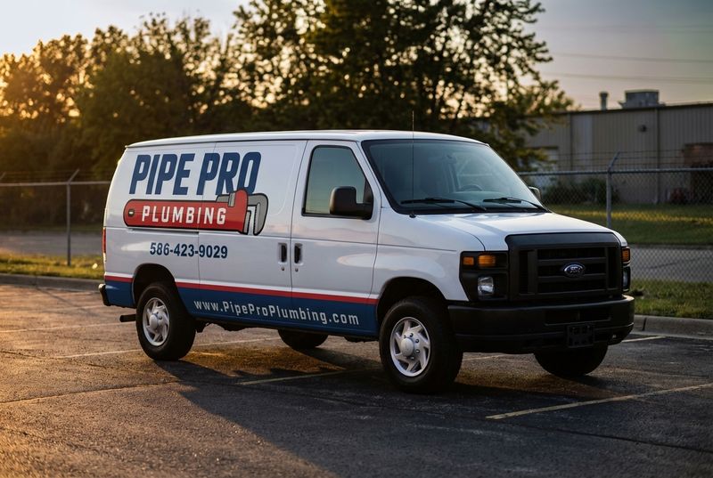Concept mockup: white Ford E-Series cargo van, front three-quarter view, with large navy "Pipe Pro Plumbing" lettering, a red pipe-wrench logo banner, phone number, and a red and navy stripe along the lower body.
