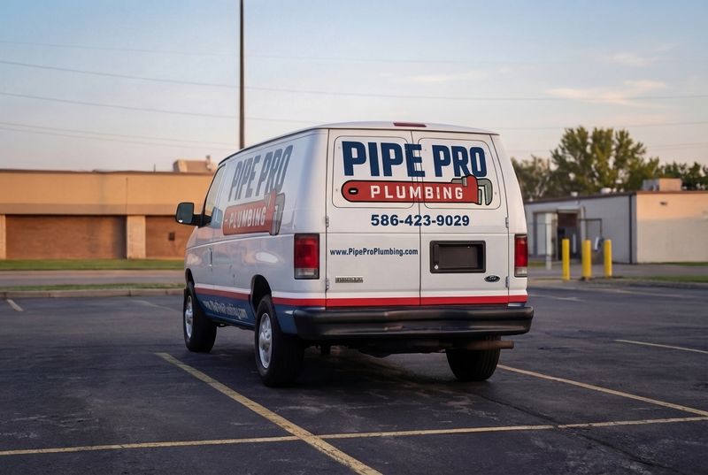 Concept mockup: rear view of a white Ford E-Series van with "Pipe Pro Plumbing" logo, phone number, and website on the back doors and a red and navy stripe across the bumper line.