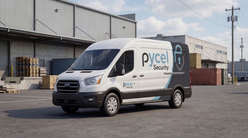 Concept mockup: white Ford Transit high-roof van, front three-quarter view, with a charcoal rear-quarter partial wrap, a light-blue accent swoosh, a padlock icon, and "Pycel Security" lettering.