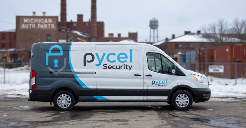 Concept mockup: white Ford Transit van, side view, with a charcoal and light-blue partial wrap on the rear section, a large padlock graphic, and "Pycel Security" branding on the side and front door.